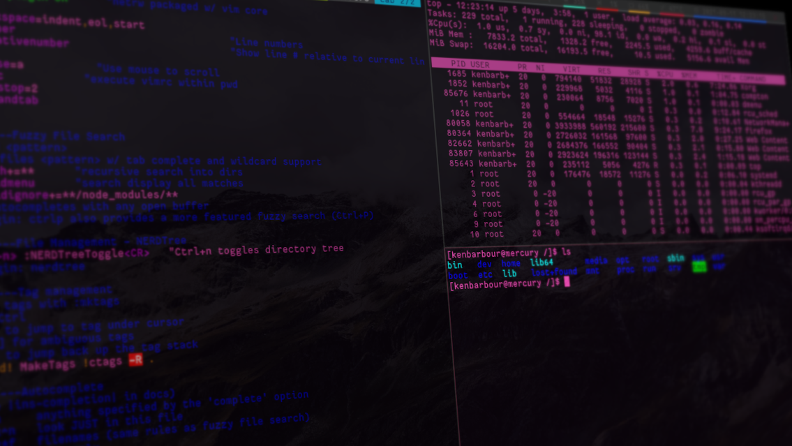 Some tiled terminal emulator windows with a dark background